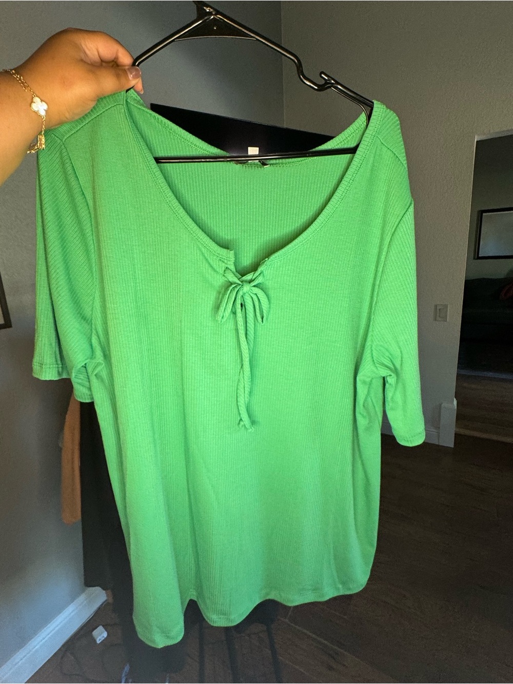 white birch Bright Green Ribbed Tie-Front Short Sleeve Tee